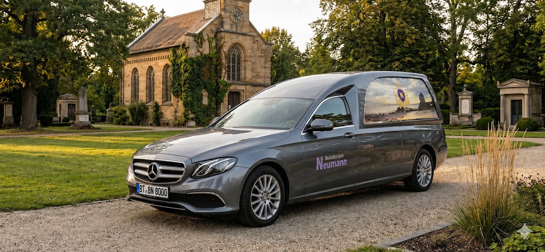 Bestattungswagen von Mercedes vor Friedhofskapelle
