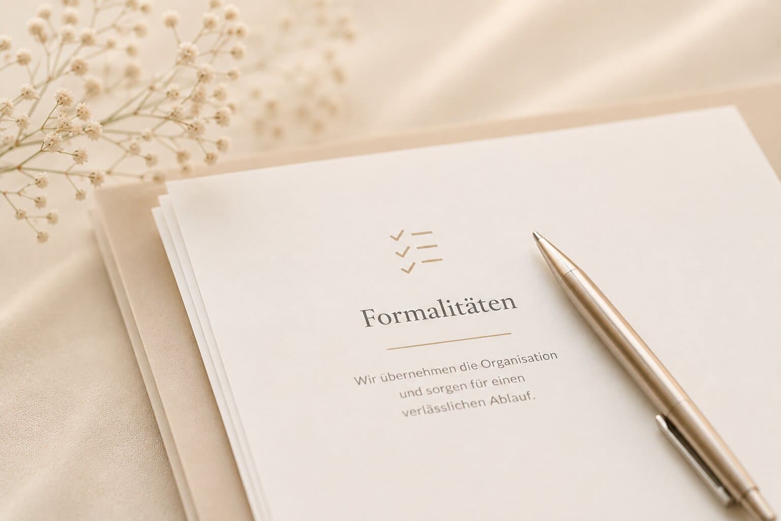 Dokument "Formalitäten" mit goldenem Stift