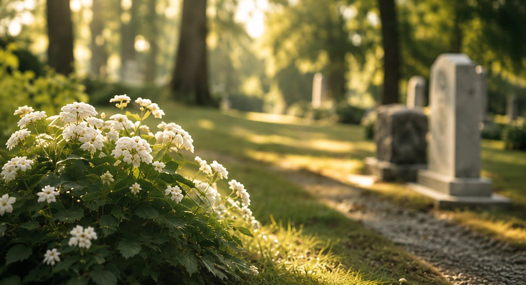 Weiße Blumen vor Grabsteinen im Grünen