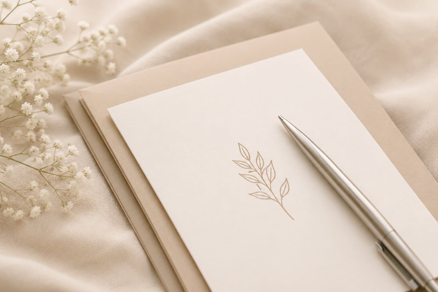 Trauerkarte mit Umschlag und Blattmotiv